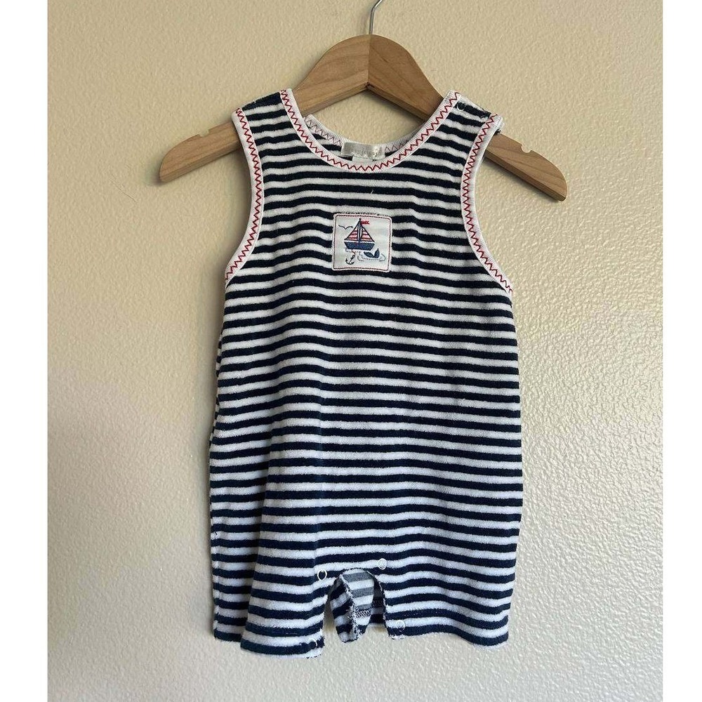 Vintage Kissy Kissy Navy White Stripe Terry Velour Romper 6M Nautical Sailboat